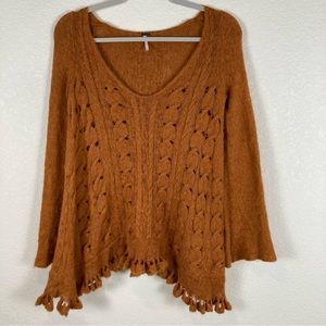 Free People Women’s S alpaca v-neck sweater, cables, bobbles, and flared sleeves